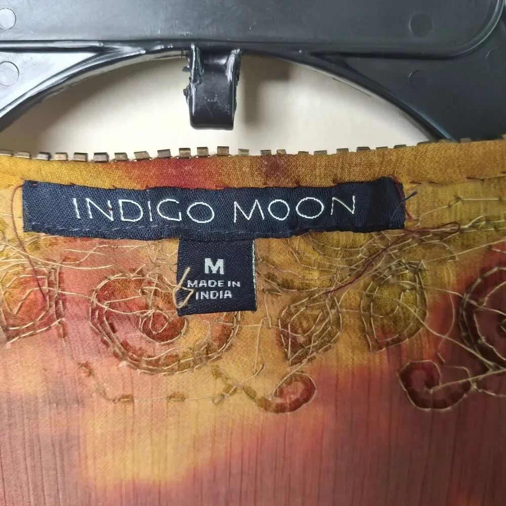 INDIGO MOON Beaded Long Open Duster Kimono Tie Dye Gold Red Medium Boho Vacation